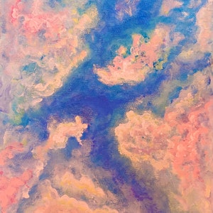 Landschap wolken pluizig roze wit warme blauwe lucht strand golf canvas zee oceaan golven schilderij print door SLX originele kunst kunstenaar Shirley Loach
