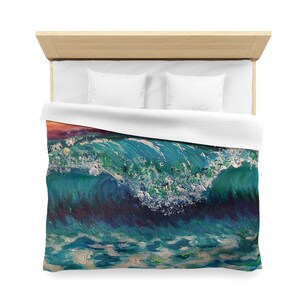 May include: A blue and green wave crashing in the ocean. The wave is painted in a realistic style with white foam and a hint of orange in the background.