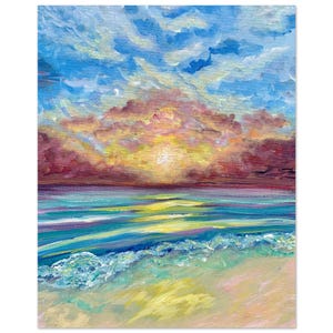 Dipinto senza cornice Blue Sunset Waves Sea Coastal (senza cornice) di SLXOriginalArt Poster di carta semi-lucida premium 40 x 50 cm / 16x20″