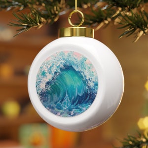 Aqua Wave Pink Sky Ball Ornament Bauble Santa Christmas Xmas Decorations Sea Ocean Rocks Coastal Gifts