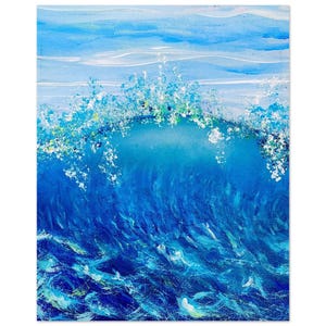 May include: A blue and white abstract painting of a wave crashing in the ocean. The wave is depicted with white foam and a blue crest. The background is a light blue sky with white clouds.