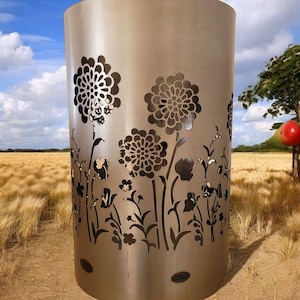 Motif fire barrel, round fire barrel, decorative fire barrel, fire basket, fireplace with motif &quot;Flower Power&quot;