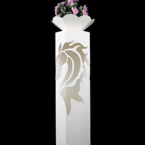 Motif column / decorative column with motif &quot;horse&quot; including decorative bowl and lighting, powder-coated in white
