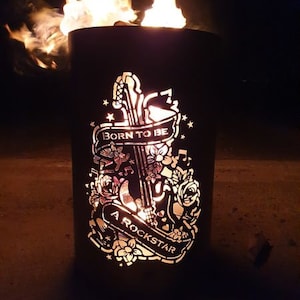 Motif fire barrel, round fire barrel, decorative fire barrel, fire basket, fireplace with motif &quot;Born to be a Rockstar&quot;