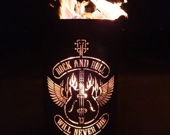 Cool fire barrel / fire basket with motif "Rock and Roll - Will never die"