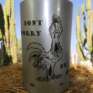 Motif fire barrel, round fire barrel, decorative fire barrel, fire basket, fireplace with motif &quot;Chicken - Don&#39;t worry-be happy&quot;