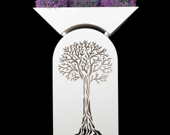 Colonne à motif / colonne décorative avec motif " arbre " y compris bol de décoration et éclairage, enduit de poudre dans la couleur blanche