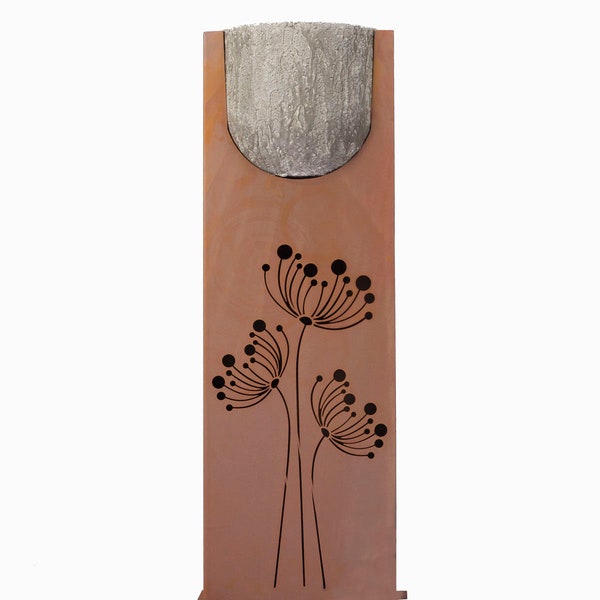 Colonne à motif / colonne décorative avec motif « Pusteblumen » incl. pot en béton de chaux pour la plantation et l’éclairage / grille noble en acier d’exécution