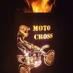 Motif fire barrel, round fire barrel, decorative fire barrel, fire basket, fireplace with motif &quot;Moto Cross&quot;