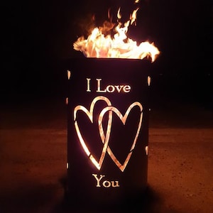 Motif fire barrel, round fire barrel, decorative fire barrel, fire basket, fireplace with motif &quot;Heart motif - I love you&quot;