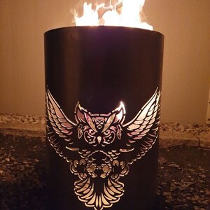 Motif fire barrel, round fire barrel, decorative fire barrel, fire basket, fireplace with motif &quot;owl&quot;