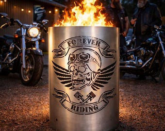 Barril de fuego con forma de calavera | Cesta de fuego Forever Riding | Decoración motera | Fuego de jardín