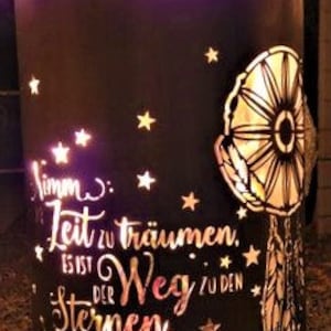 Motif fire barrel, round fire barrel, decorative fire barrel, fire basket, fireplace with motif &quot;Time to dream&quot;