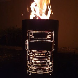 Motif fire barrel, round fire barrel, decorative fire barrel, fire basket, fireplace with motif &quot;SCANIA&quot;
