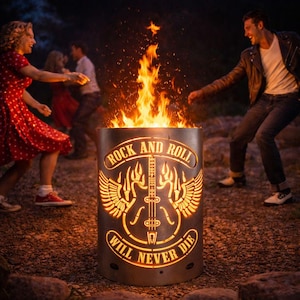 TiKo-Design® モチーフ ファイヤーバレル、ラウンドファイヤーバレル、装飾ファイヤーバレル、ファイヤーバスケット、モチーフ「ロックンロール - 決して死なない」付きファイヤーピット