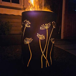 Motif fire barrel, round fire barrel, decorative fire barrel, fire basket, fireplace with motif &quot;Dandelions&quot;