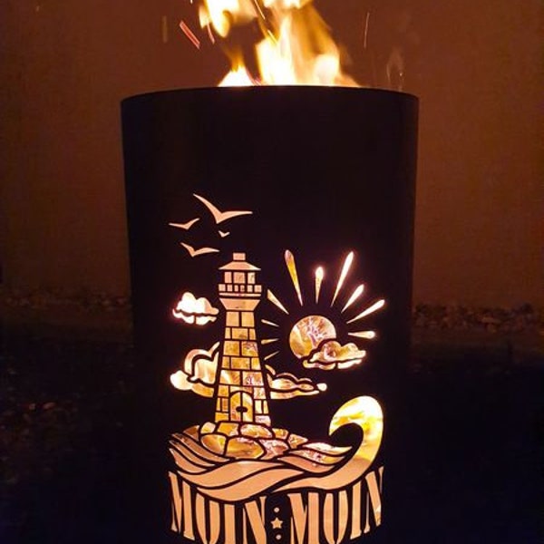 Fire barrel / fire basket with motif "Lighthouse Moin Moin"