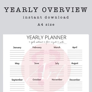 Yearly Planner Printable | 12-Month Overview Calendar | A4 Minimalist PDF | Digital Download | Year at a Glance | Goal Tracker