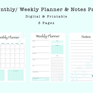 Monthly, Weekly Planner, Notes Page, Digital Planner, Printable Planner, 2022 Planner, A4,A5, Letter, Half Letter Size