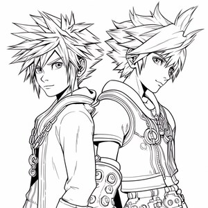 Puede incluir: Dibujo de l&iacute;nea de dos personajes de anime con cabello puntiagudo, vistiendo atuendos similares con detalles intrincados. Los personajes est&aacute;n de espaldas, uno mirando hacia la izquierda y el otro hacia la derecha.