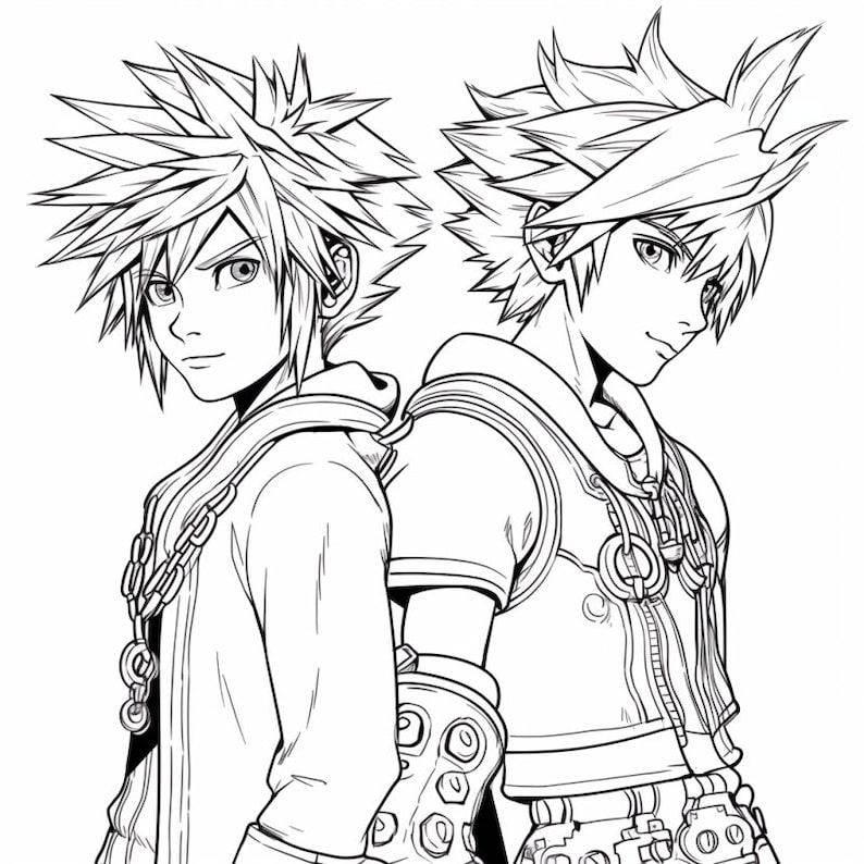 Puede incluir: Dibujo de l&iacute;nea de dos personajes de anime con cabello puntiagudo, vistiendo atuendos similares con detalles intrincados. Los personajes est&aacute;n de espaldas, uno mirando hacia la izquierda y el otro hacia la derecha.