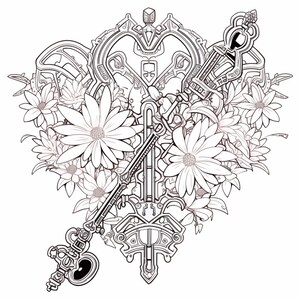 Puede incluir: Un dibujo en blanco y negro de una cerradura con una llave dentro. La cerradura est&aacute; rodeada de un marco en forma de coraz&oacute;n con detalles intrincados. La cerradura y la llave est&aacute;n rodeadas de flores.