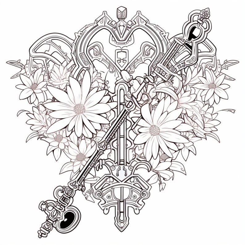 Puede incluir: Un dibujo en blanco y negro de una cerradura con una llave dentro. La cerradura est&aacute; rodeada de un marco en forma de coraz&oacute;n con detalles intrincados. La cerradura y la llave est&aacute;n rodeadas de flores.
