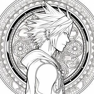 Puede incluir: Un dibujo en blanco y negro de un personaje con el pelo de punta, que lleva una chaqueta con capucha y un collar con un colgante. El personaje est&aacute; de pie frente a un dise&ntilde;o circular con detalles intrincados.