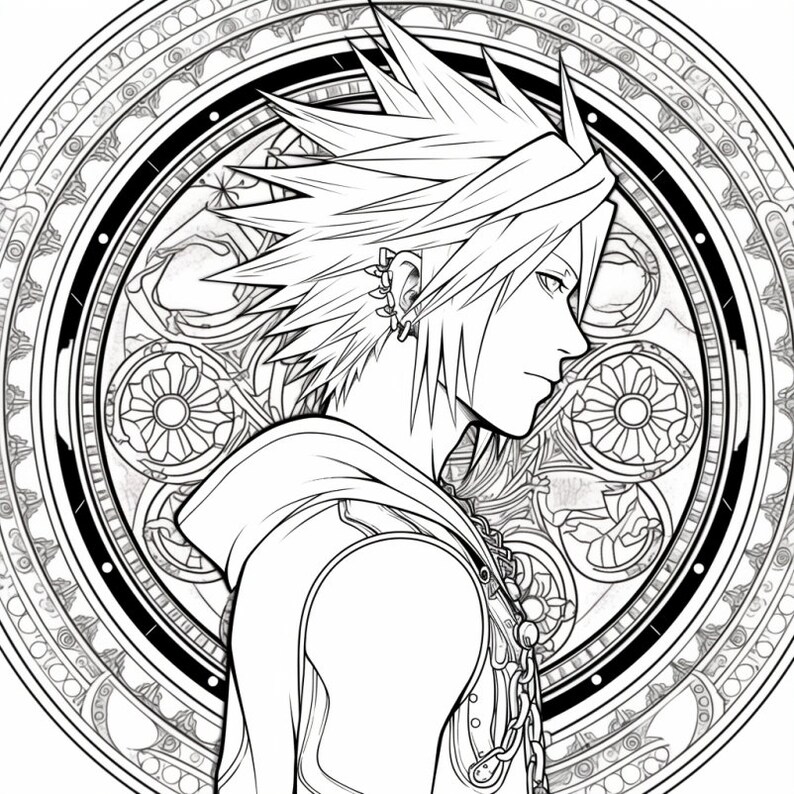 Puede incluir: Un dibujo en blanco y negro de un personaje con el pelo de punta, que lleva una chaqueta con capucha y un collar con un colgante. El personaje est&aacute; de pie frente a un dise&ntilde;o circular con detalles intrincados.