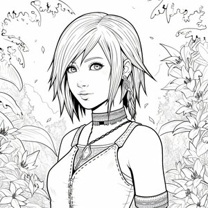 Puede incluir: Un dibujo en blanco y negro de una mujer con el pelo corto, que lleva un top sin mangas y un collar con un colgante. Est&aacute; rodeada de flores y follaje.