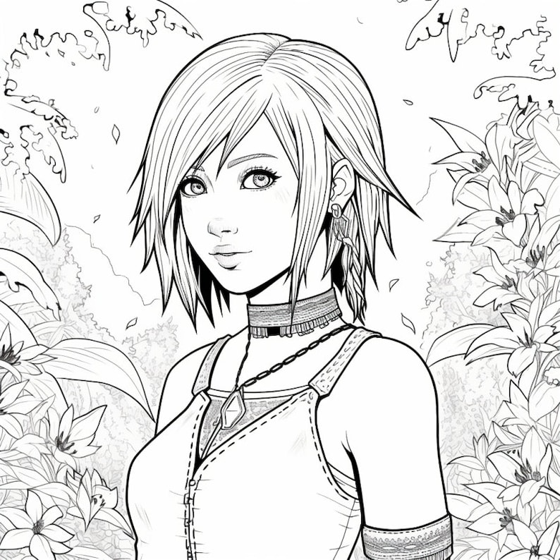 Puede incluir: Un dibujo en blanco y negro de una mujer con el pelo corto, que lleva un top sin mangas y un collar con un colgante. Est&aacute; rodeada de flores y follaje.