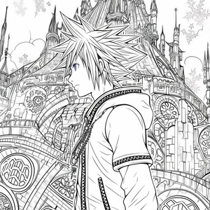 Puede incluir: Ilustraci&oacute;n en blanco y negro de un personaje con el pelo de punta de pie frente a un gran castillo detallado.