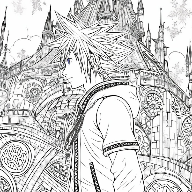 Puede incluir: Ilustraci&oacute;n en blanco y negro de un personaje con el pelo de punta de pie frente a un gran castillo detallado.