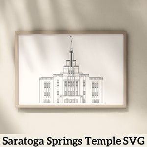 May include: A black and white line drawing of the Saratoga Springs Temple, a building with a tall spire and multiple windows.