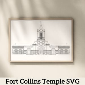 May include: Line drawing of the Fort Collins Temple, a white building with a tall steeple and a large, arched entrance. The drawing is in black and white and is framed in a simple wooden frame.