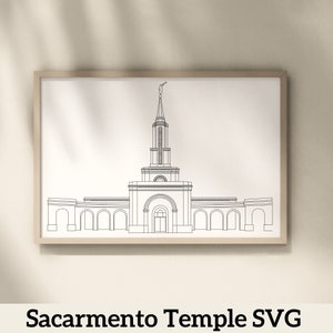 May include: Line drawing of the Sacramento Temple, a white building with a tall spire and multiple arches. The drawing is in black and white and is framed in a light wood frame.