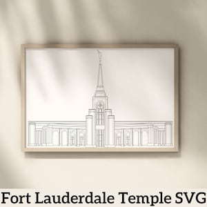 Puede incluir: Dibujo de línea del Templo de Fort Lauderdale, un edificio blanco con una alta aguja y un reloj en la fachada. El templo está delineado en negro sobre un fondo blanco.