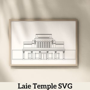 Puede incluir: Un dibujo a línea del Templo de Laie en Hawái, un edificio blanco con una alta aguja y una gran entrada. El dibujo está en blanco y negro y está enmarcado en un marco de madera claro.