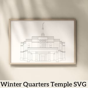 May include: Line art drawing of the Winter Quarters Temple in black and white. The temple is a large building with a tall spire and a large entrance. The drawing is simple and elegant.