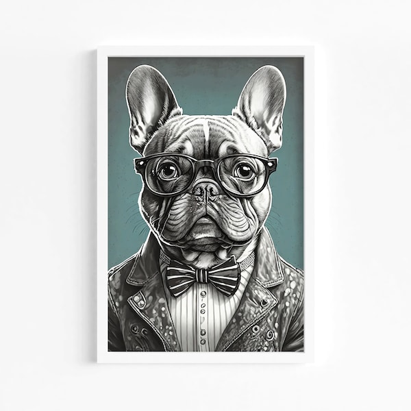 Französische Bulldogge Hipster Nerd – Poster für Wohnzimmer, Küche, Flur | Geschenk für Hundefans | fertiger Druck oder Digitaler Download