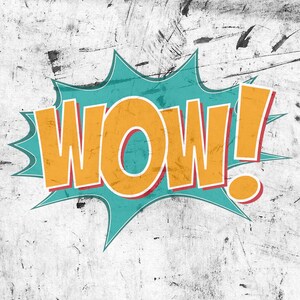 K&ouml;nnte beinhalten: Eine Sprechblase im Comic-Stil in blaugr&uuml;n und orange mit dem Wort "WOW!" in fetter Schrift.