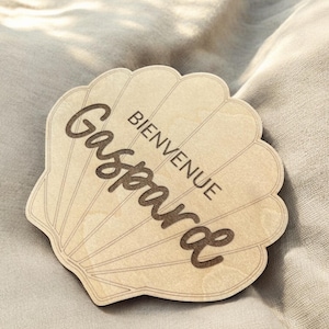 Coquillage en bois annonce naissance - Carte bienvenue - Prénom de bébé
