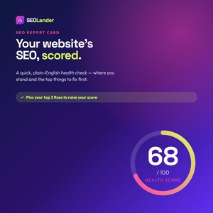 May include: A digital SEO report card graphic with a purple and blue gradient background. It displays the text SEOLander, SEO REPORT CARD, Your website's SEO, scored, and a health score of 68 out of 100 shown in a circular progress bar.