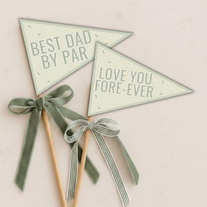 May include: Two triangular pennant flags on wooden sticks, featuring light sage green backgrounds with white polka dots. One flag reads BEST DAD BY PAR, the other reads LOVE YOU FORE-EVER. Each stick is adorned with a sage green velvet or striped ribbon bow.
