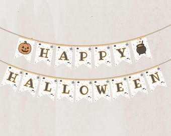 May include: A festive Halloween banner with the words "HAPPY HALLOWEEN" displayed on individual pennants. The banner features a pumpkin and a cauldron illustration, with a neutral color palette of white, brown, and orange.