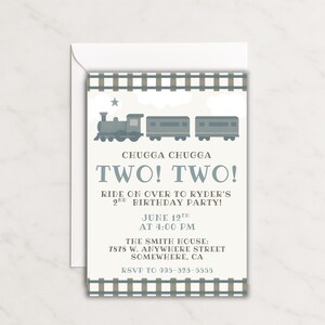 May include: A light-colored birthday party invitation with a train illustration. The text reads "CHUGGA CHUGGA TWO! TWO!" and invites guests to Ryder's 2nd birthday party on June 12th at 4:00 PM. Includes address and RSVP information.