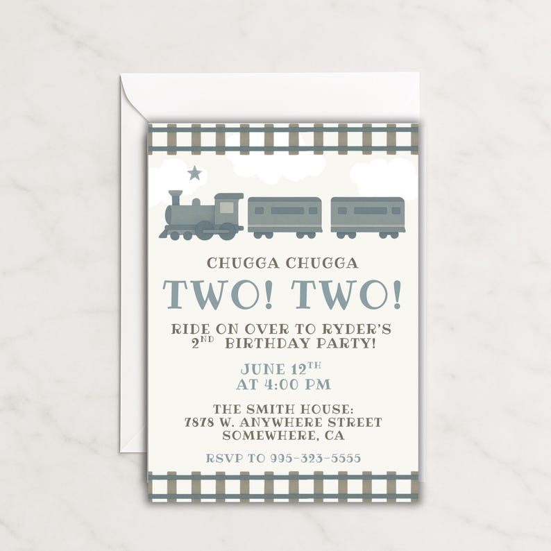 May include: A light-colored birthday party invitation with a train illustration. The text reads "CHUGGA CHUGGA TWO! TWO!" and invites guests to Ryder's 2nd birthday party on June 12th at 4:00 PM. Includes address and RSVP information.