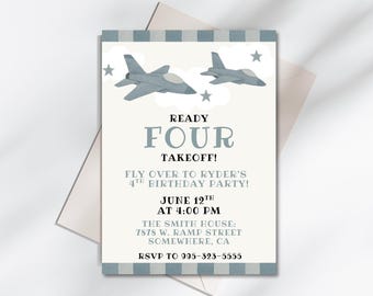 Airplane 4th Birthday Watercolor Invitation | Editable Jet Party Invite | Ready Four Takeoff 5x7 Template | Printable Boy Birthday Download