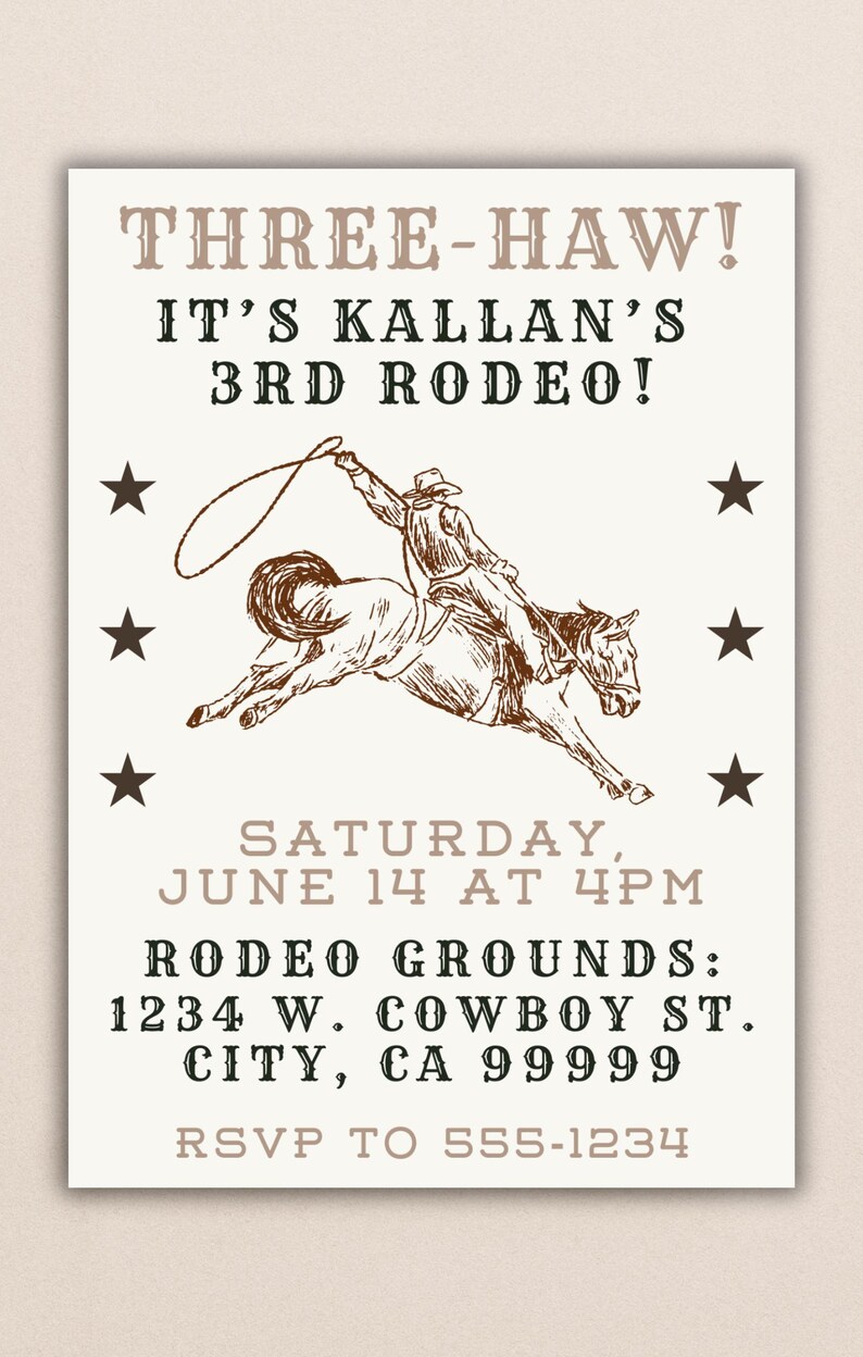 Editable 3rd Birthday Invitation | 5x7 in | Three-haw Western Cowboy ...
