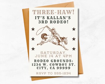Editable 3rd Birthday Invitation | 5x7 in | Three-Haw Western Cowboy Party | Canva Template Download | 3rd Rodeo Birthday Invite